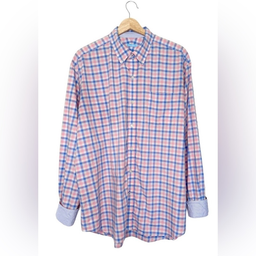 J. McLaughlin Mens Gingham Plaid Flip Cuff Classic Fit Button Down Shirt Size XL